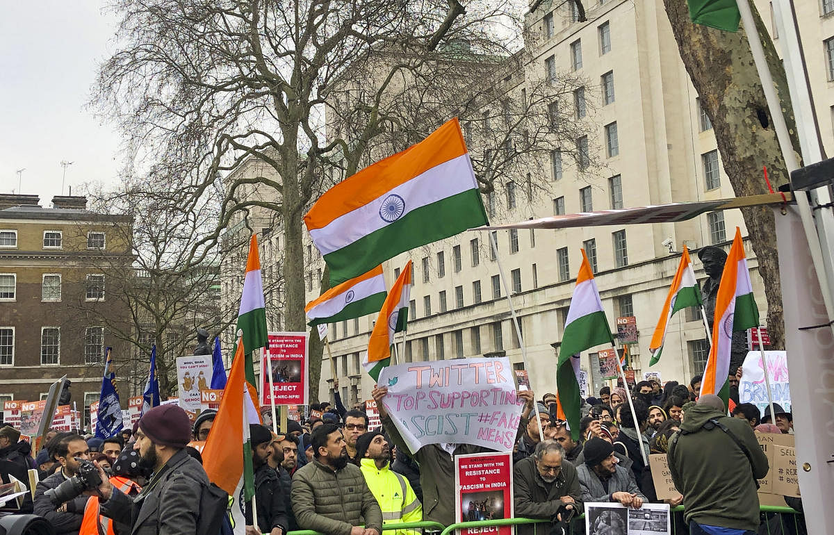 London: Anti-CAA protesters march from Downing Street to the Indian High Commission in London, Saturday, Dec. 25, 2019. (PTI Photo)