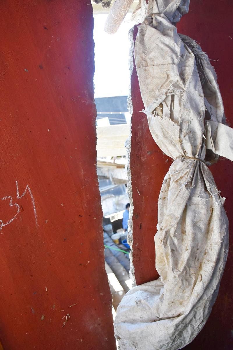 The cracked wall of a chicken stall in Madikeri.