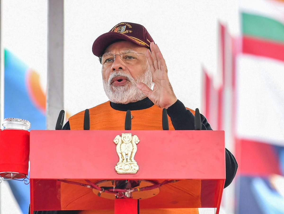 Prime Minister Narendra Modi addresses during the Annual PM's National Cadet Corps (NCC) Rally 2020, at Cariappa Parade Ground, Delhi Cantt, in New Delhi, Tuesday, Jan. 28, 2020. (PTI Photo)