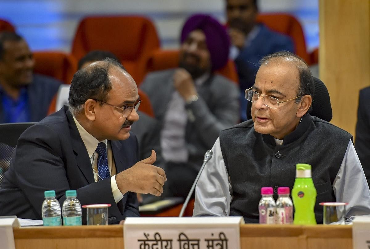  Union Finance Minister Arun Jaitley with Revenue Secretary Ajay Bhushan Pandey during the 33rd GST Council meet, in New Delhi, Sunday, Feb. 24, 2019. PTI