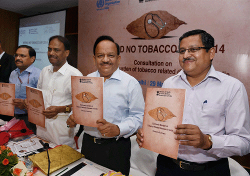 Union Health Minister Harsh Vardhan releases a publication 'Economic Burden of Health Related Diseases in India' at an event ahead of 'World No Tobacco Day' in New Delhi on Thursday. PTI Photo