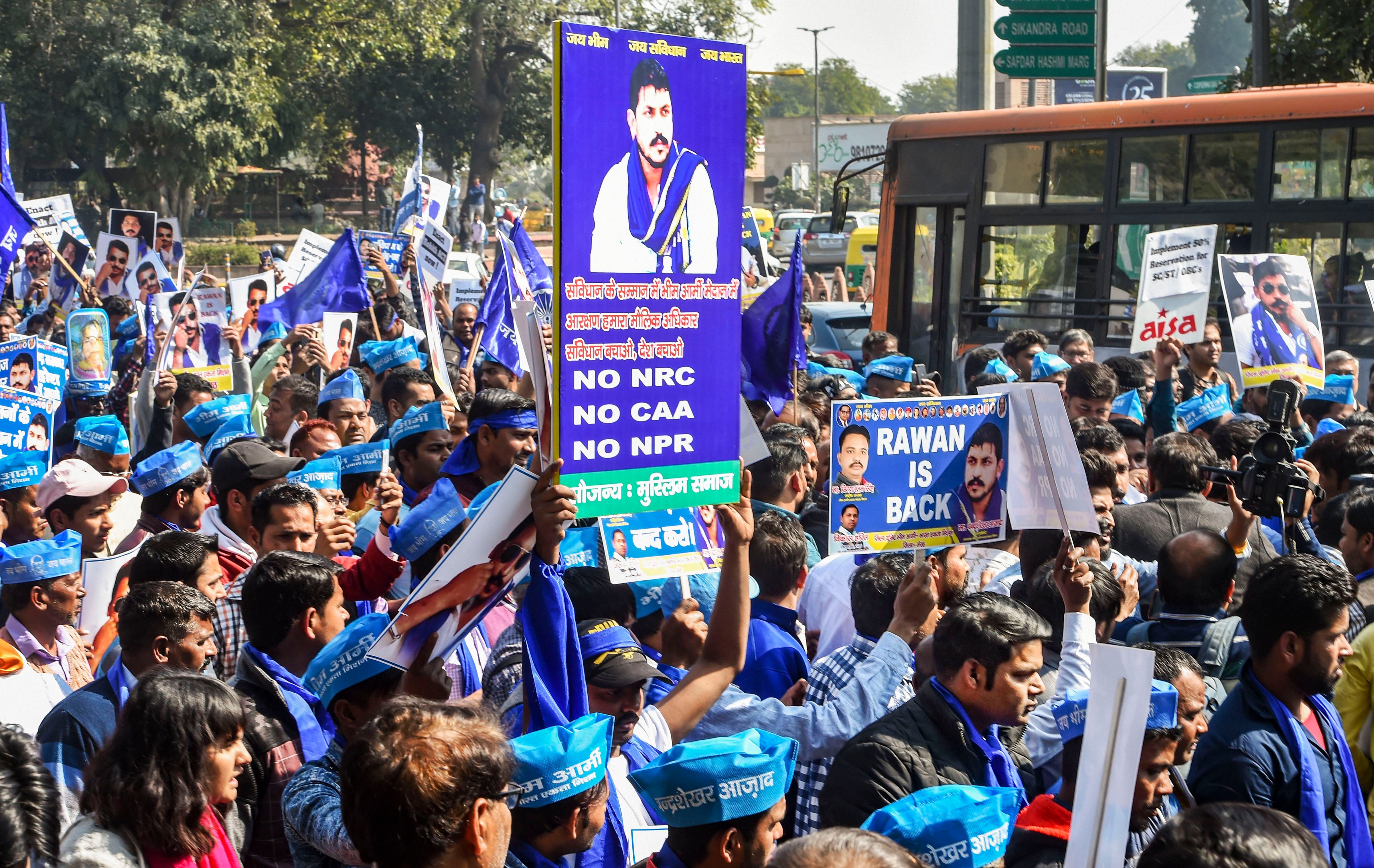 Supporters of Bhim Army chief Chandra Shekhar Aazad during a protest. (PTI Photo)
