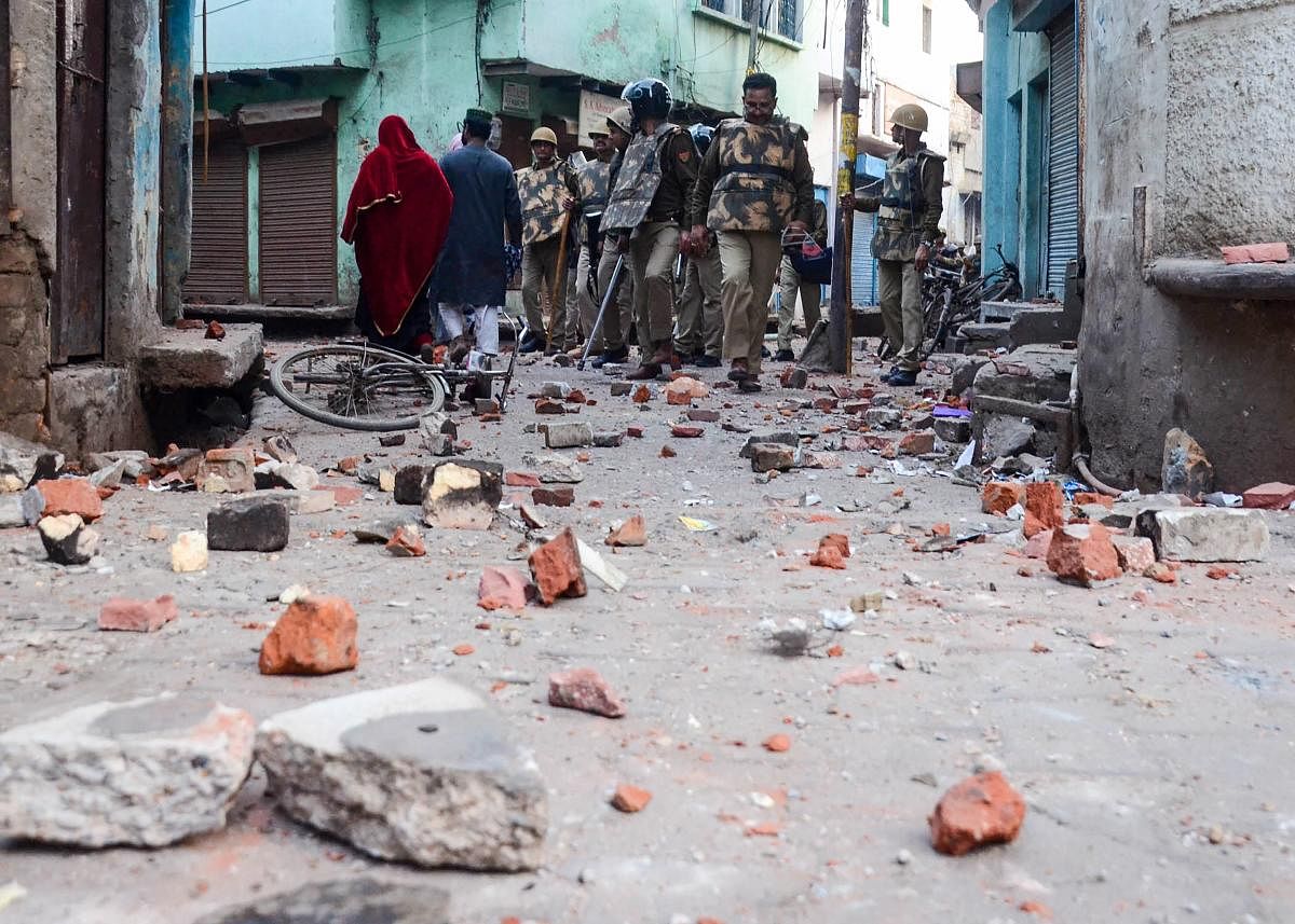 A view of after Clashes broke out between anti-CAA protesters and police at Uparkot jama masjid Aligarh, Sunday, Feb. 23, 2020. (PTI Photo) 