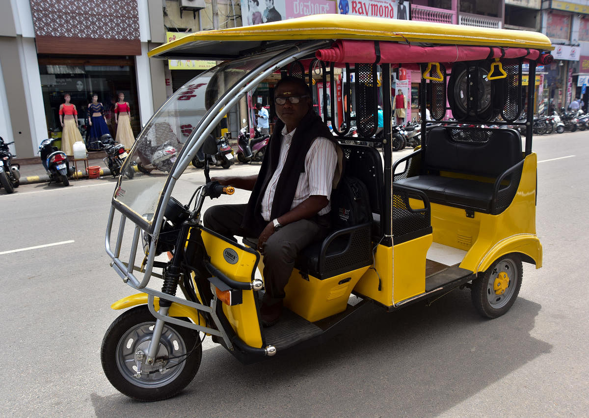 Eco friendly electricity passanger E rickshaw seen, at D D Urs Road in Mysuru on Friday July 21, 2017. DH file photo for representation. 