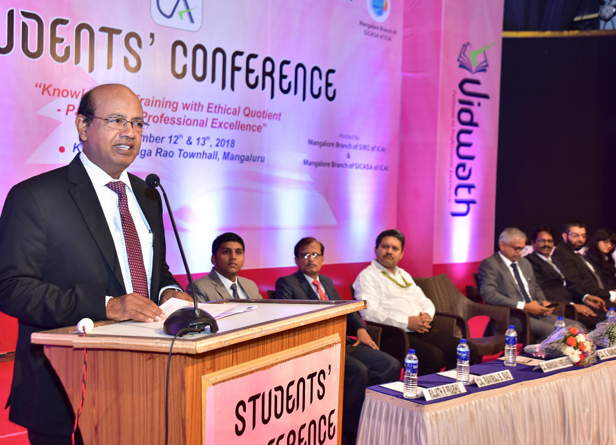 ICAI former president G Ramaswamy speaks at the  two-day conference ‘Vidwath’ organised jointly by Institute of Chartered Accountants of India and Central India Chartered Accountant Students Association at Town Hall in Mangaluru on Wednesday. 