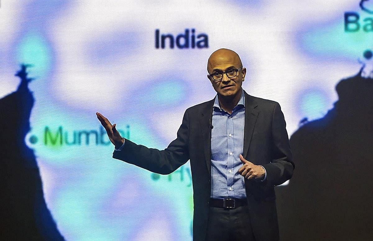 Mumbai: CEO Microsoft Satya Nadella speaks during Microsoft Mumbai CEO Summit, in Mumbai, Monday, Feb. 24, 2020. (PTI Photo/Shashank Parade)