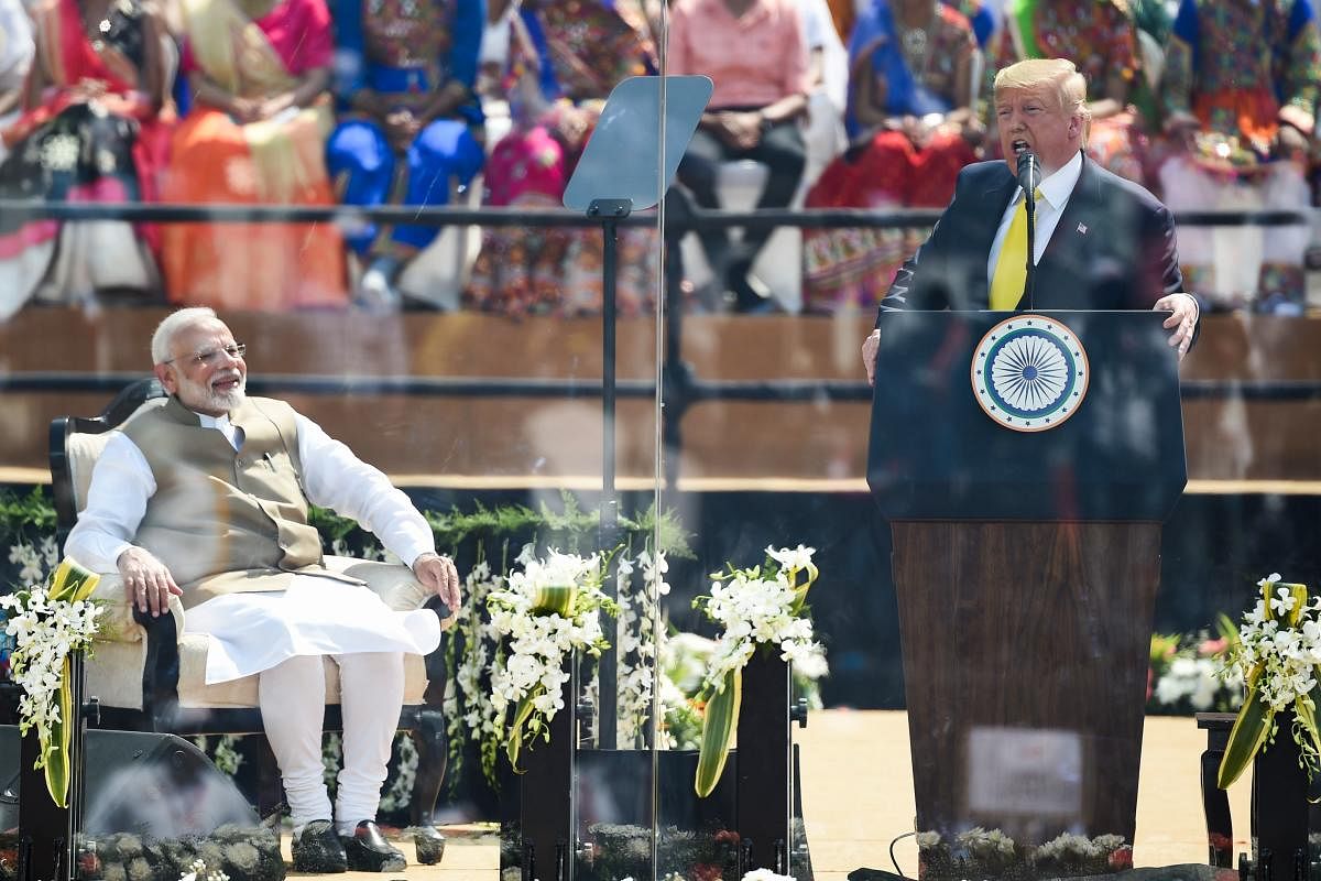 Addressing a huge crowd at 'Namaste Trump' event at the Motera stadium here, the US president, accompanied by his wife Melania and Prime Minister Narendra Modi, talked about India's great tradition of embracing individual freedom, rule of law, dignity of every human being and where people worship side-by-side in harmony. (AP Photo)