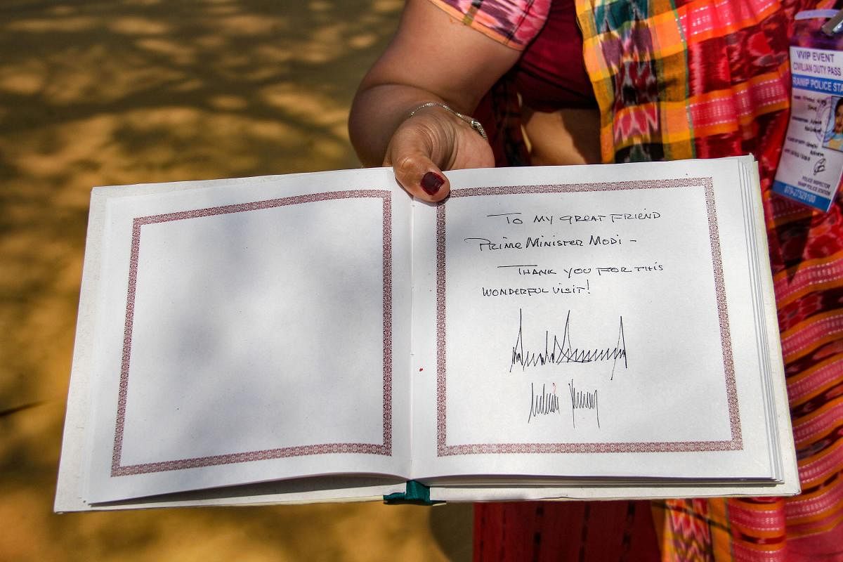 A view of the Sabarmati Ashram’s visitor’s book signed by US President Donald Trump and First Lady Melania Trump during their visit to Sabarmati Ashram in Ahmedabad, Monday, Feb. 24, 2020. (MEA/PTI Photo)