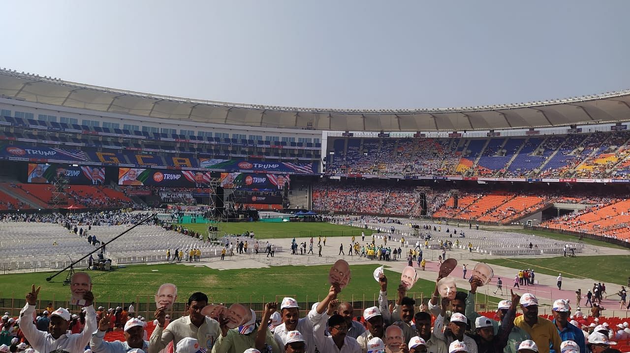 Scenes at the Motera stadium in Ahmedabad, where Trump will be visiting after his arrival. DH photo