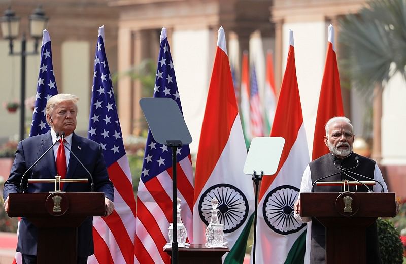 US President Donald Trump and Indian Prime Minister Narendra Modi make joint statements after bilateral talks at Hyderabad House in New Delhi. (Reuters Photo)