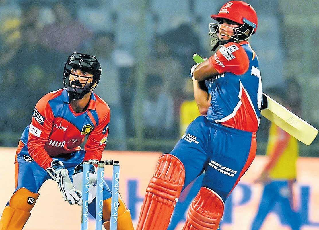 Rishabh Pant of Delhi Daredevils in action during his blistering knock of 97 off 43 balls against the Gujarat Lions at the Feroz Shah Kotla on Thursday. PTI