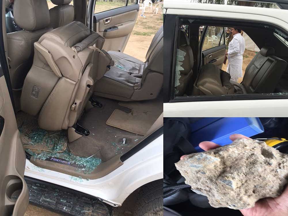The vehicle of Congress Vice-President Rahul Gandhi was attacked with stones during his visit to Dhanera town of Banaskantha district on Friday. Picture courtesy ANI
