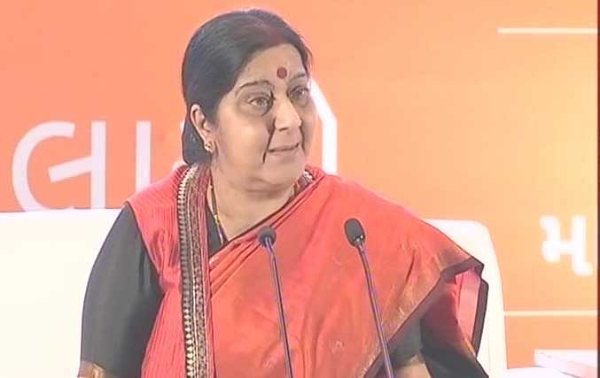 Union External Affairs Minister and senior Bhartiya Janata Party (BJP) leader Sushma Swaraj on Saturday urged women in Gujarat to take advantage of multiple states and Central government schemes to seek employment and take forward their entrepreneurship ventures. Picture courtesy ANI