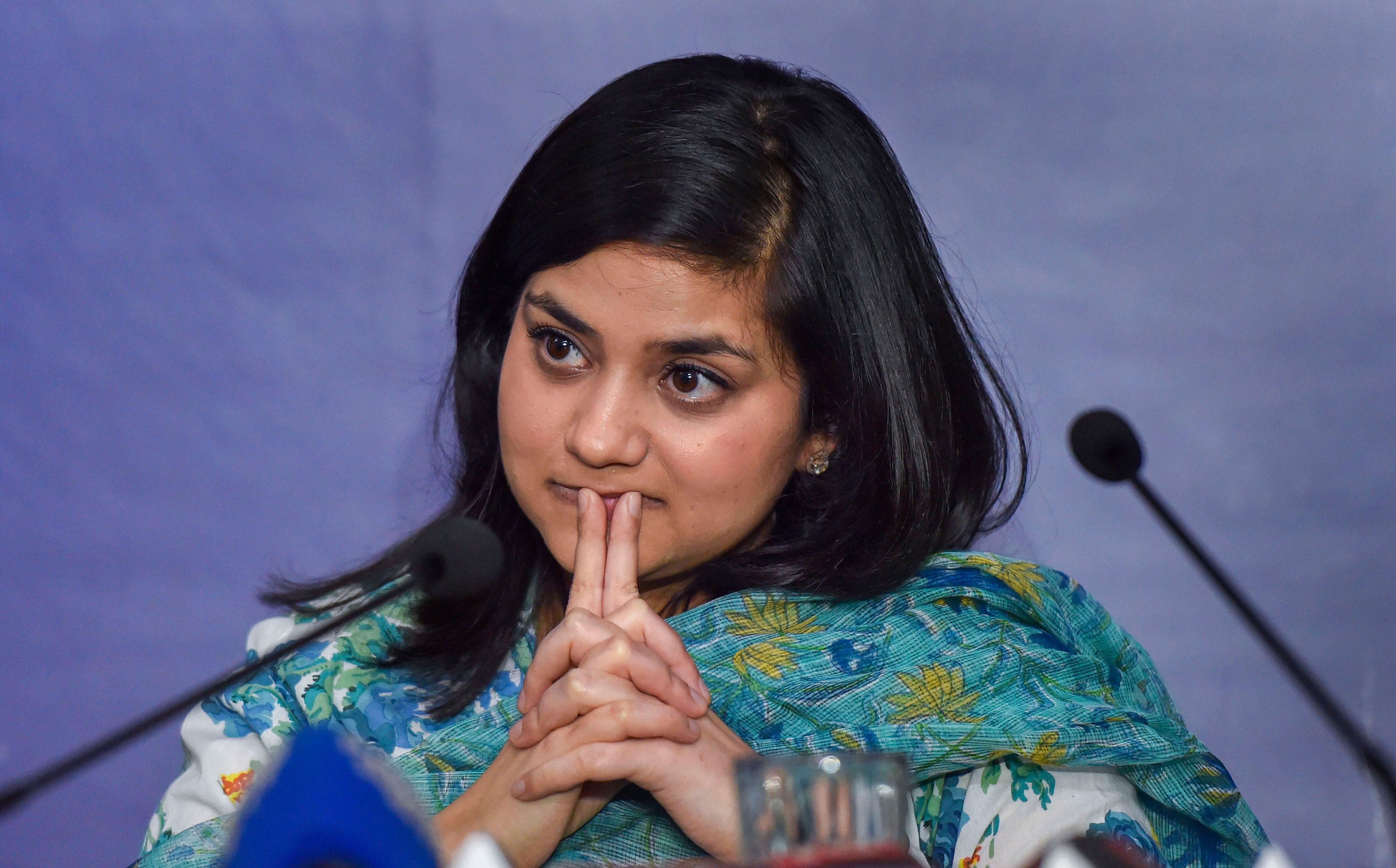 Former chief minister and Peoples Democratic Party (PDP) leader Mehbooba Mufti’s daughter Iltija Mufti during a press interaction at the Indian Women's Press Corps (IWPC) in New Delhi. (PTI Photo)