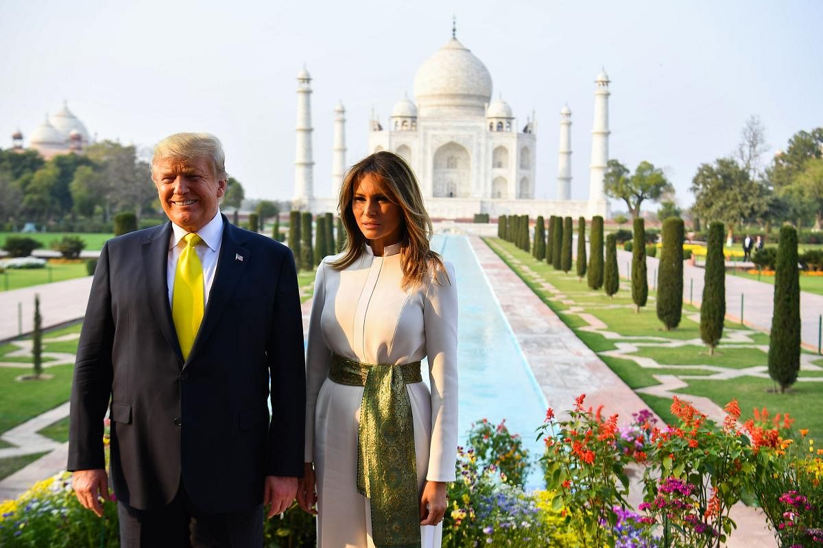 Trump and First Lady Melania Trump visited the iconic Taj Mahal in Agra, the second stop on his little less than 36-hour-long trip of India, and marvelled at the famed 17th century Mughal-era mausoleum built as a monument of love.
