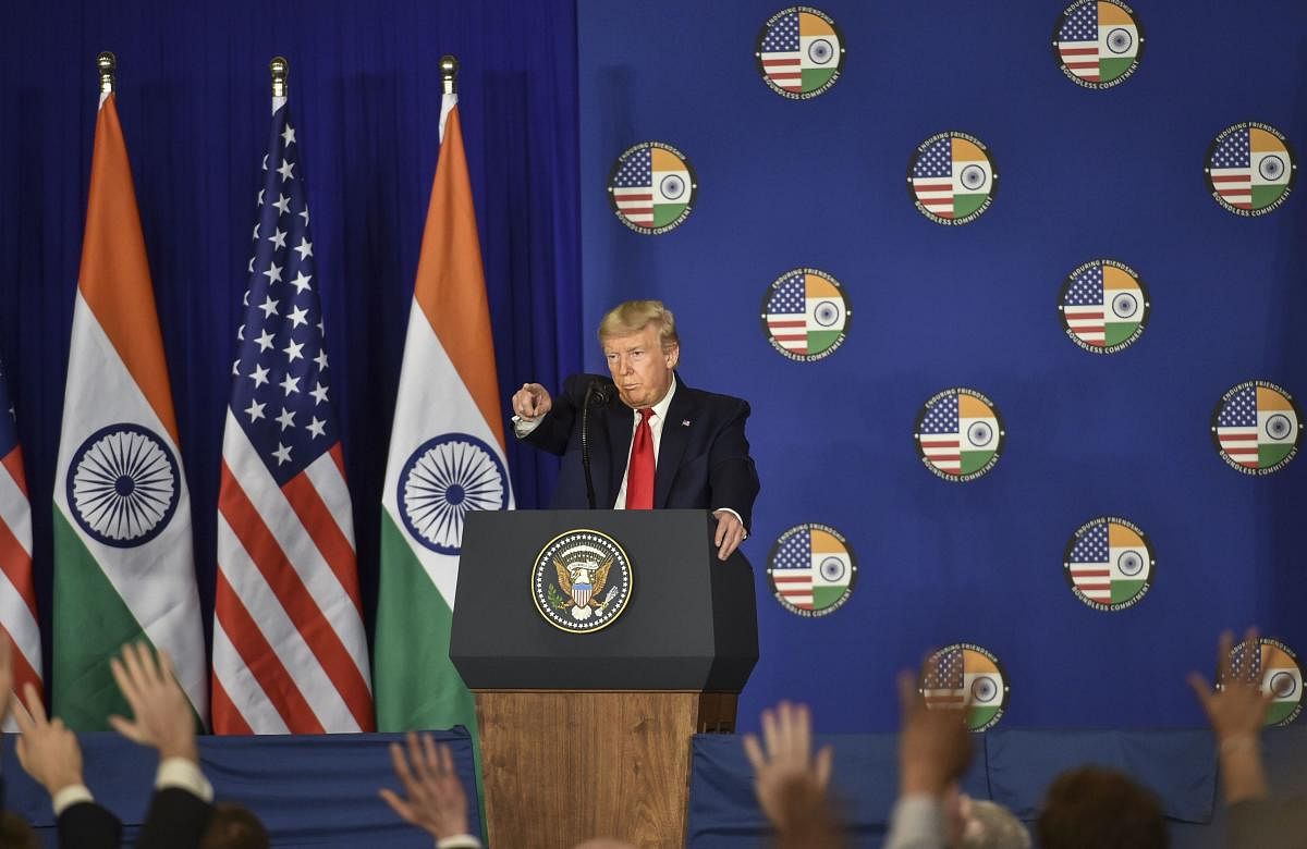 US President Donald Trump speaks during a press briefing in New Delhi, Tuesday, Feb. 25, 2020. (PTI Photo)