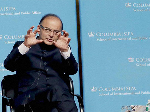 Finance Minister Arun Jaitley (left) and Economist Jagdish Bhagwati during Q&A session during the inauguration of Deepak and Neera Raj Center at Columbia University's School of International and Public Affairs in New York on Monday. PTI Photo