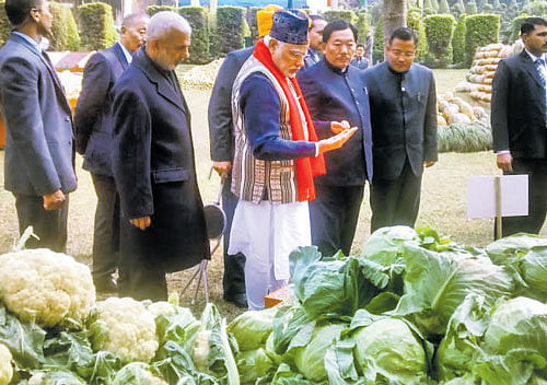 Prime Minister Narendra Modi and Sikkim Chief Minister Pawan Kumar Chamling at an exhibition of organic products at Saramsa Garden near Gangtok on Tuesday.