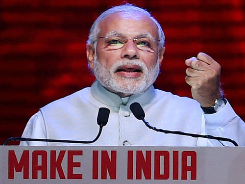Prime Minister Narendra Modi addresses during the inauguration of the Make in India Week in Mumbai on Saturday. PTI Photo