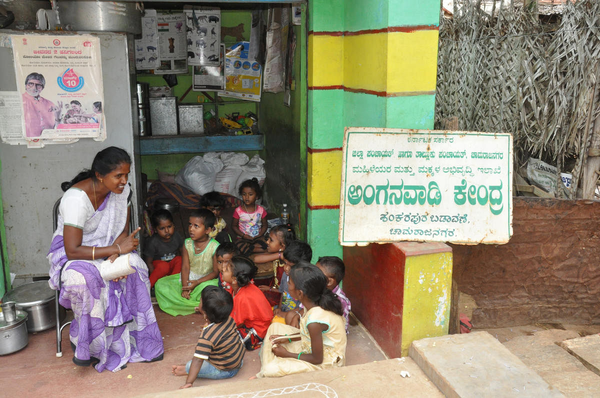 A file photo of anganwadi centre functioning from a congested space in Chamarajanagar.