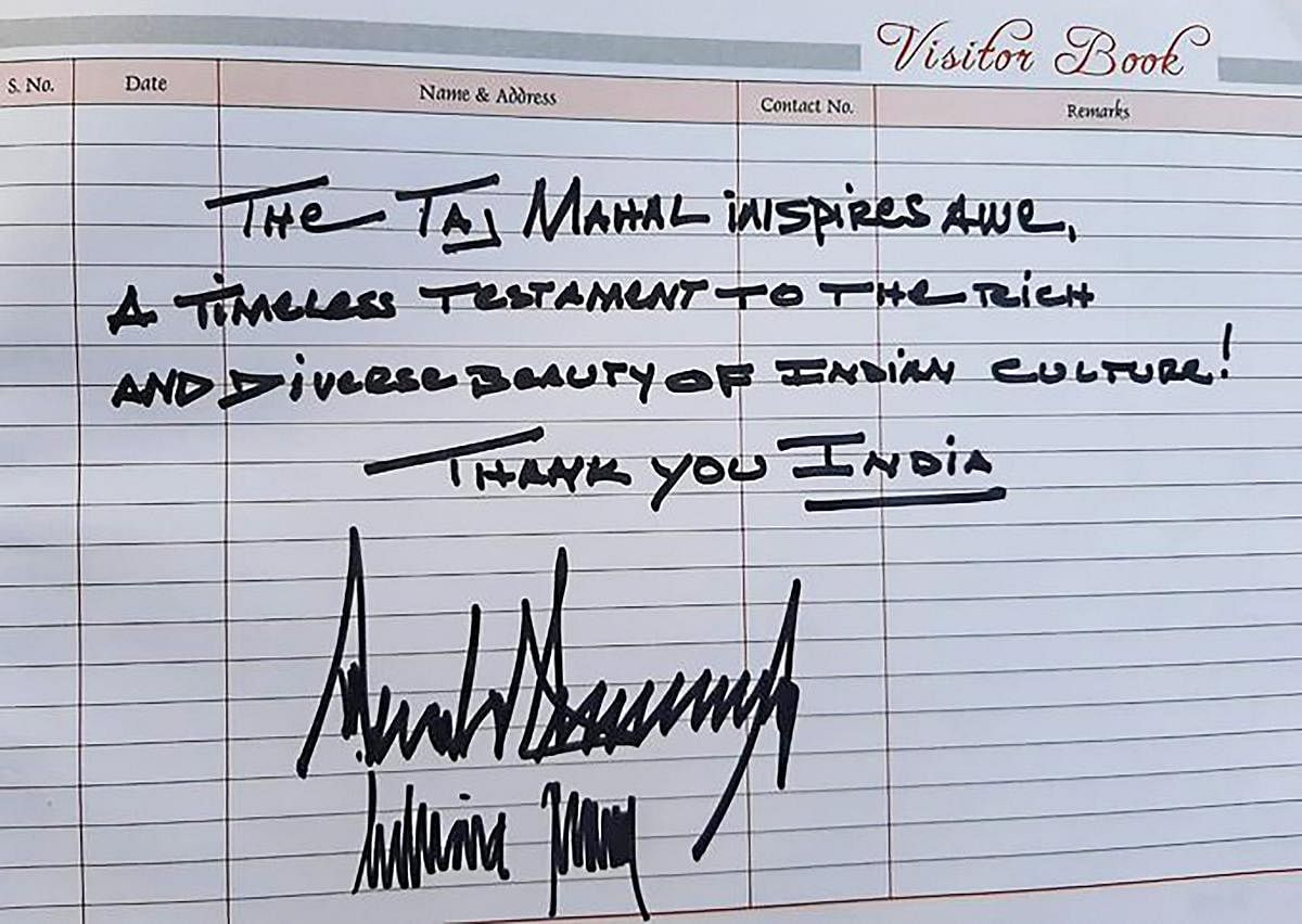 Words written by the US President Donald Trump on the visitors book during his tour of Taj Mahal in Agra, Monday, Feb. 24, 2020. (Twitter/@UPGovt)