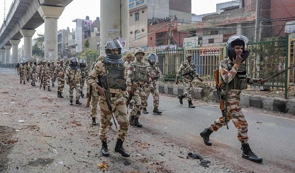 Heavy security deployed following clashes over the new citizenship law at Maujpur area of East Delhi, Tuesday, Feb. 25, 2020. (PTI Photo)