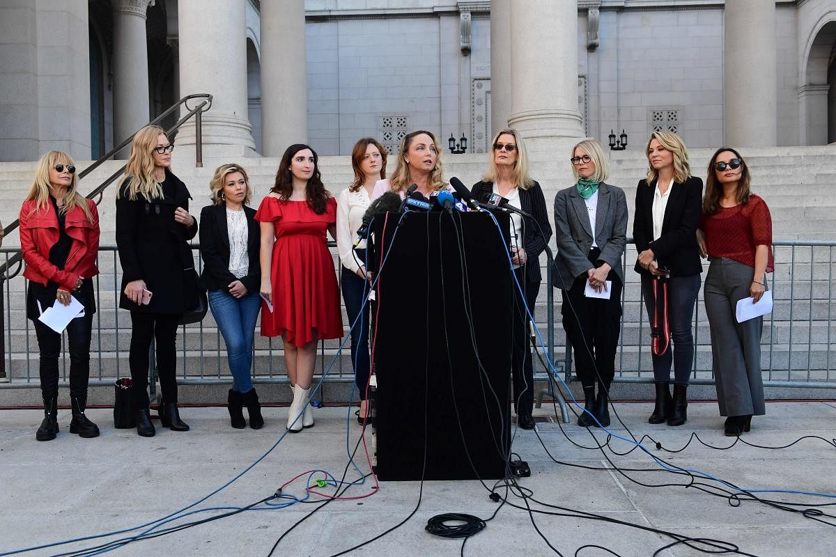 Former actress and screenwriter Louisette Geiss speaks alongside nine of Harvey Weinstein’s accusers, members of the activist group Silence Breakers, who fought for justice by speaking out about Harvey Weinstein’s sexual misconduct. 