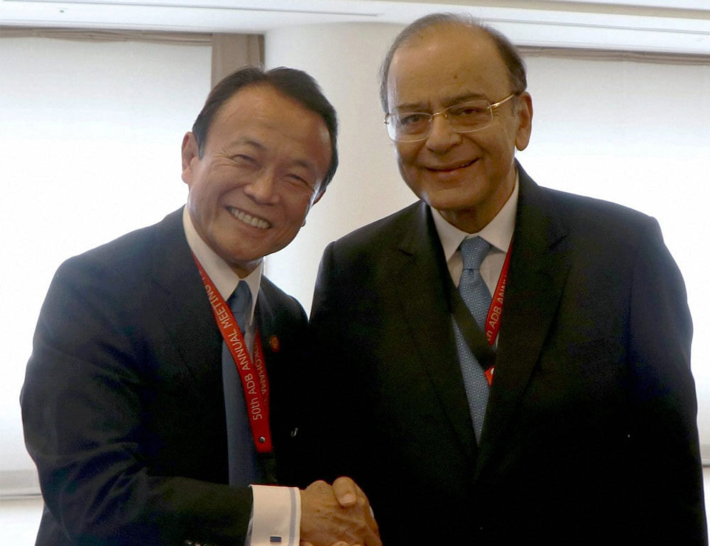 Union Minister for Finance, Corporate Affairs and Defence, Arun Jaitley meeting the Finance Minister of Japan, Taro Aso, on the sidelines of the annual Asian Development Bank Board of Governors' meeting, in Yokohama, Japan on May 07, 2017
