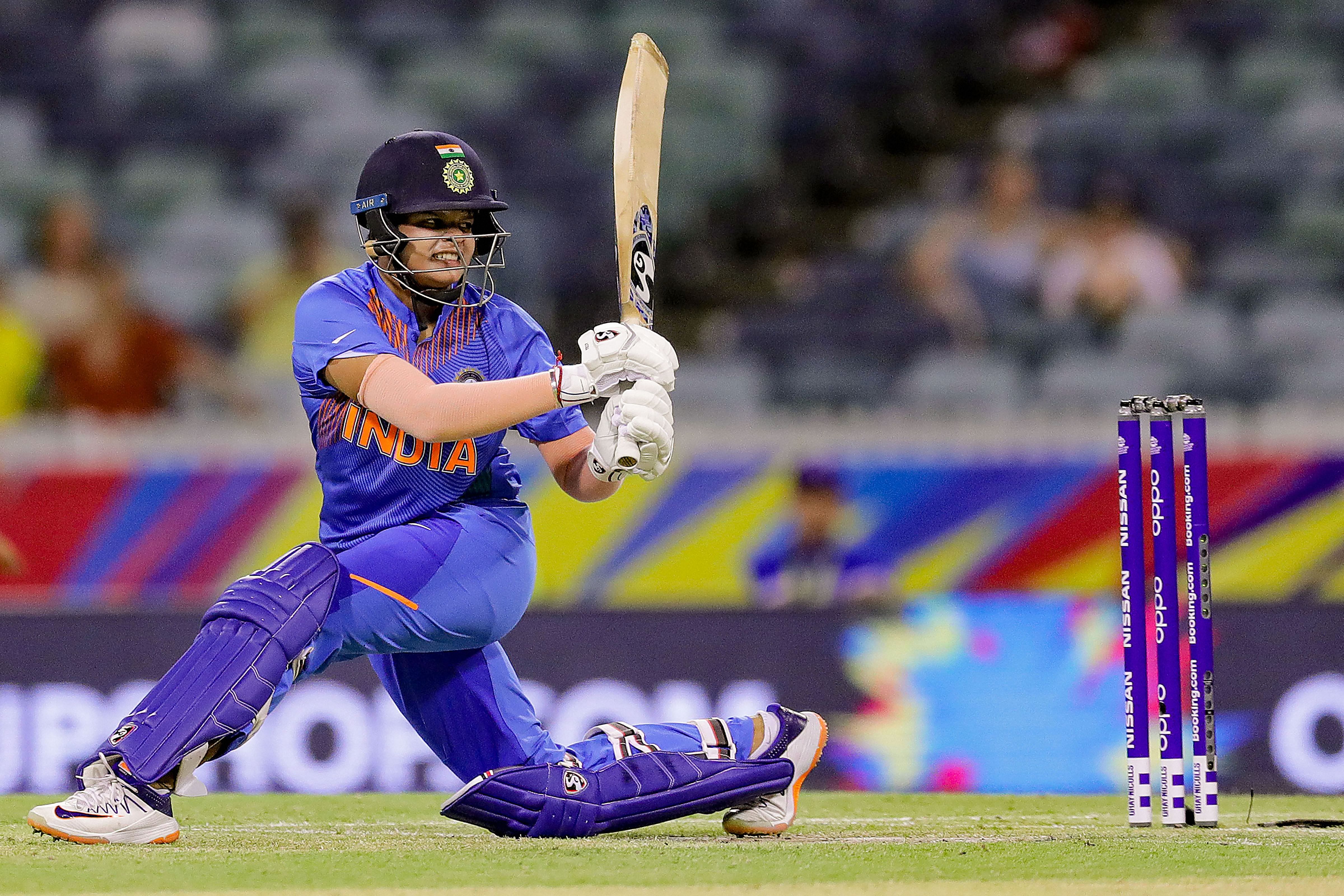 Indian batswoman Shafali Verma plays a shot during the group stage match against Bangladesh in the ICC Women's T20 World Cup, in Perth. (PTI Photo)