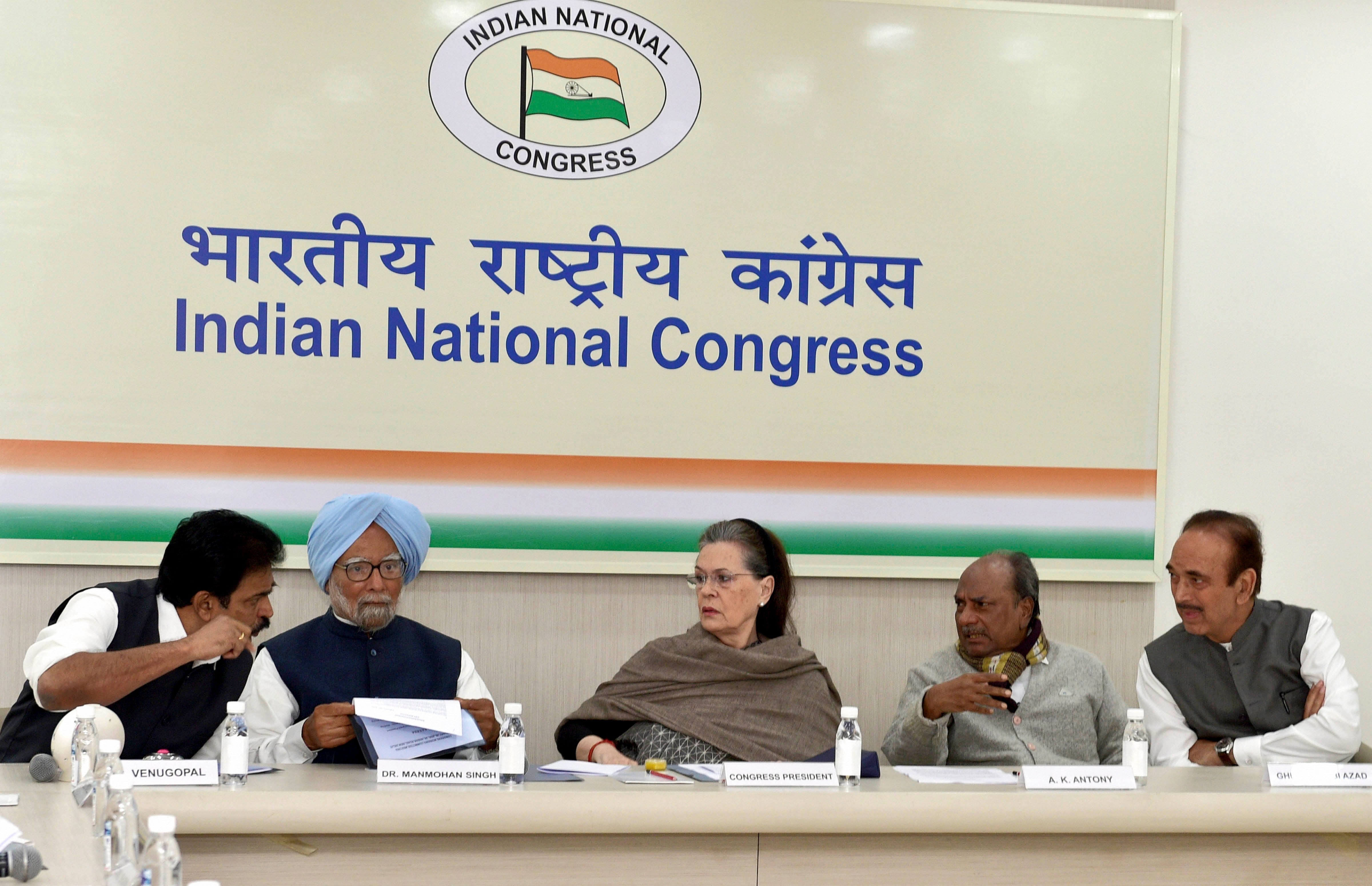 Congress President Sonia Gandhi (3R), party leaders Manmohan Singh (2L), A K Anthony (2R), Ghulam Nabi Azad (R) and KC Venugopal during the Congress Working Committee (Credit: PTI Photo)
