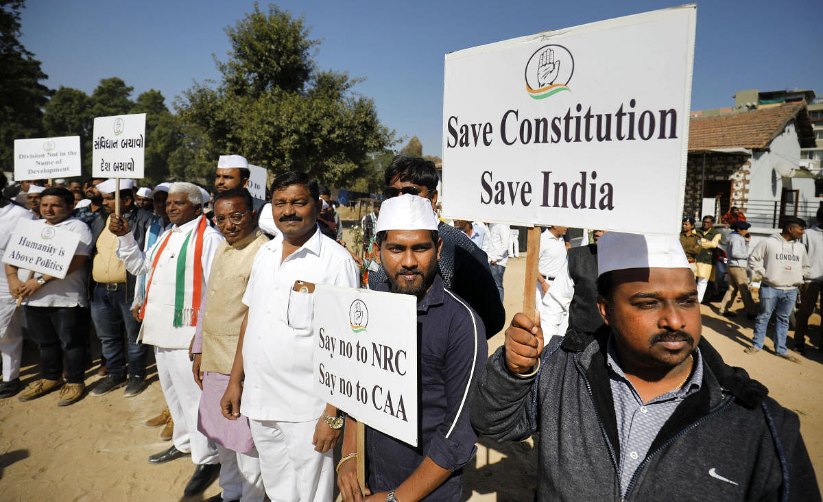 Congress supporters during a protest rally against a new citizenship law, in Ahmedabad (PTI Photo)