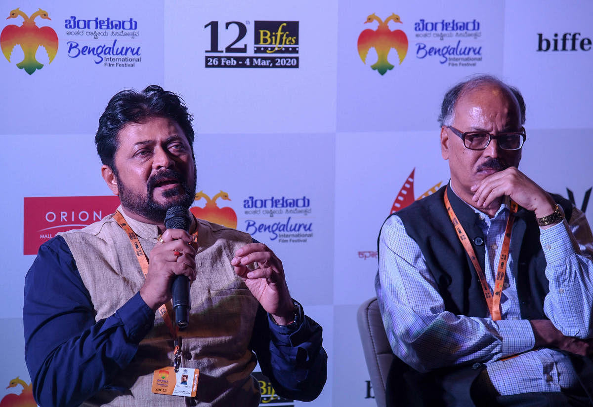 Suneel Puranik, Chairman 12th BIFFES 2020 and Artistic Director Vidyashankar, are seen during the press conference at the 12th BIFFES 2020, at Orion Mall in Bengaluru on Thursday. Photo/ B H Shivakumar