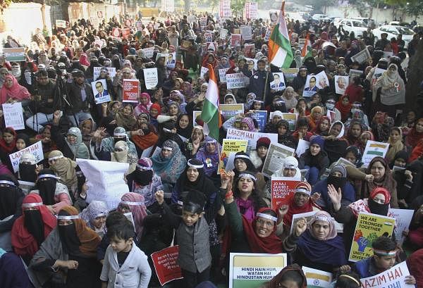 Protestors take part in a demonstration against CAA and NRC in New Delhi, Saturday, Jan. 11, 2020. (PTI Photo)