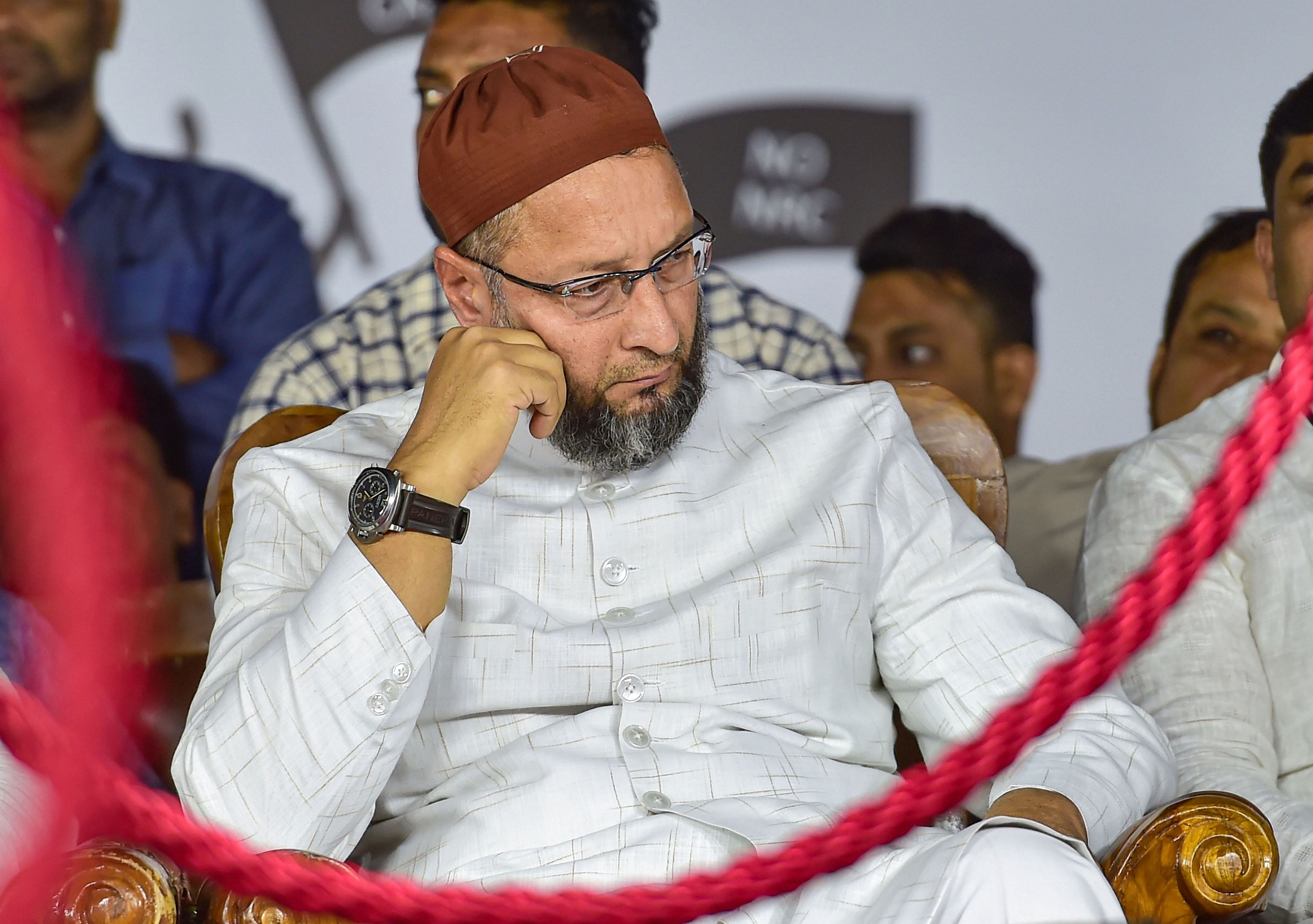 President of the AlI India MIM Asaduddin Owaisi during a protest against CAA, NRC and NPR in Bengaluru. (PTI Photo)