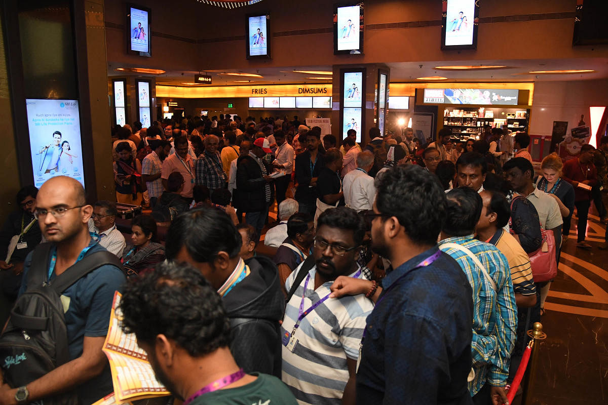 People waiting to watch the Korean movie PARASITE, Directed by Bong Joon Ho, at 12th BIFFES 2020, at Orion Mall in Bengaluru on Friday. Photo/ B H Shivakumar
