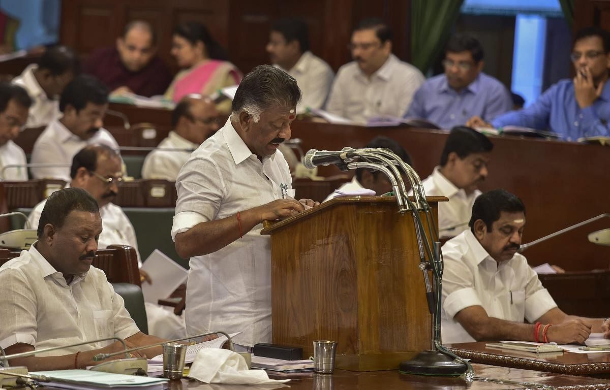 Tamil Nadu Deputy Chief Minister and Finance Minister O Panneerselvam presents the state budget for 2019-20 at Assembly, in Chennai, on Friday.