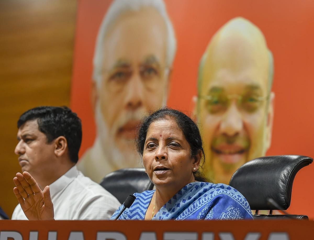 Finance Minister Nirmala Sitharaman during a press conference at BJP headquarters in New Delhi. (PTI File Photo)