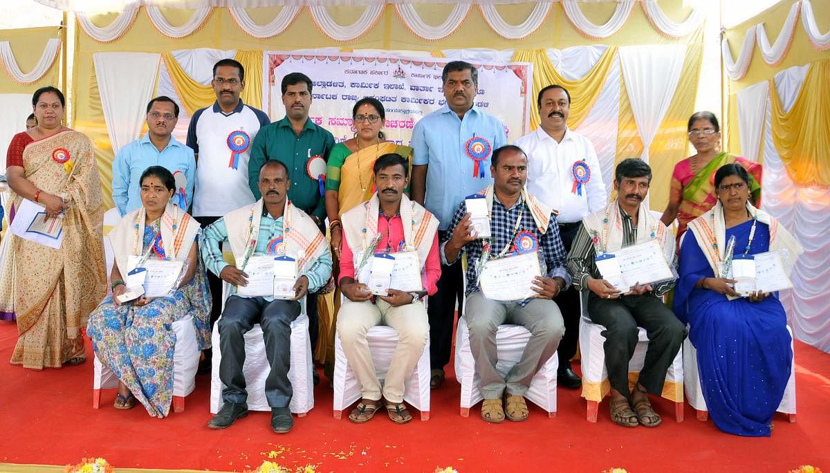 Unorganised labourers were felicitated during Karmika Sammana Dina in Chikkamagaluru.