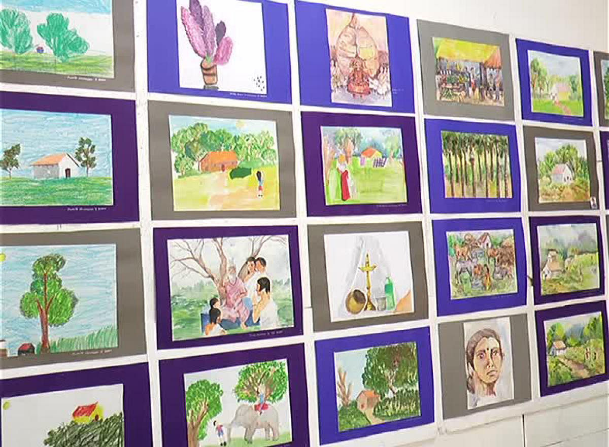 Paintings by children showcased at an exhibition at Bharatiya Vidya Bhavan in Madikeri.