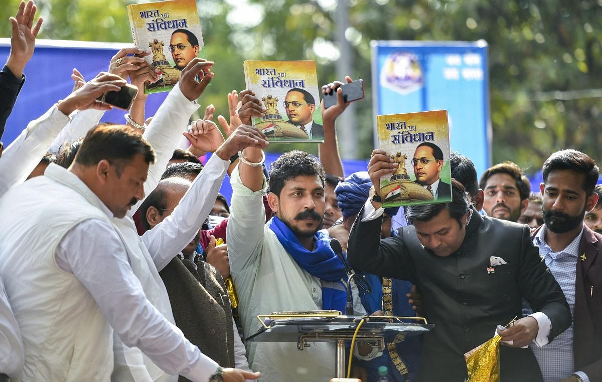 Bhim Army chief Chandrashekhar Azad at Bahujan Hunkar rally at Jantar Mantar, in New Delhi, Friday, March 15, 2019. (PTI Photo)