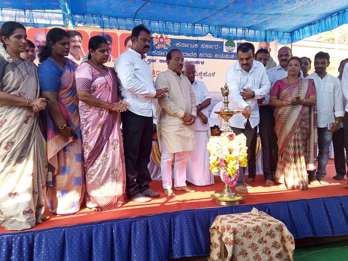 MLA V Sunil Kumar inaugurates the programme to lay foundation stone for Ennehole lift irrigation project across River Swarna at Ennehole in Udupi district.