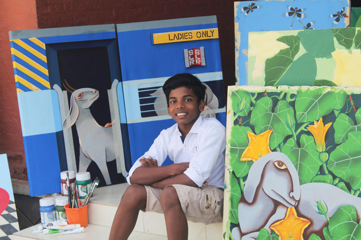 Anujath with his new painting series ‘Ente Aadukalum Avarute Jeevithavum’ (My Goats, Their Lives). He has attempted to capture his surroundings on canvas.