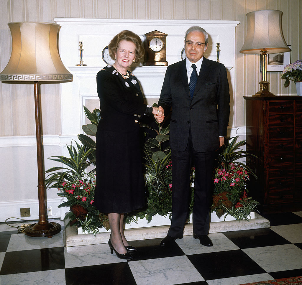 British Prime Minister Margaret Thatcher with Peruvian diplomat and Secretary-General of the United Nations, Javier Perez de Cuellar at 10 Downing Street, London, May 1986. Credit: Getty Photo