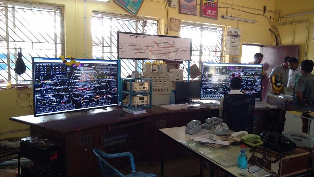 The upgraded electronic interlocking and dual visual display unit at Mangaluru Junction Railway Station.   