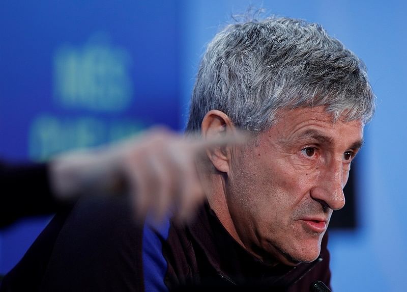 Barcelona coach Quique Setien during the press conference. (Reuters Photo)