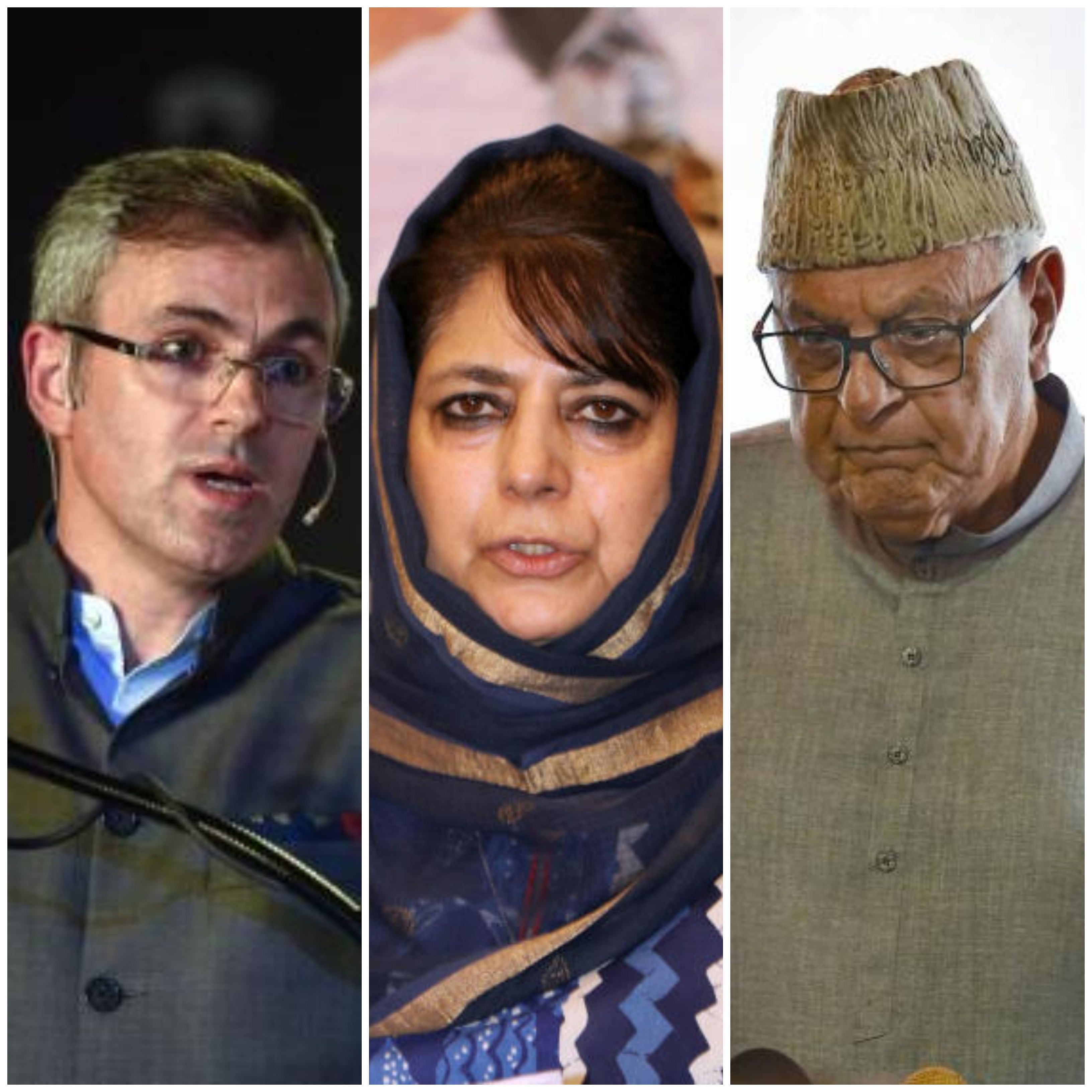 Omar Abdullah (L), Mehbooba Mufti (C) and Farooq Abdullah (R) who are under detention for the last seven months. (PTI Photos)