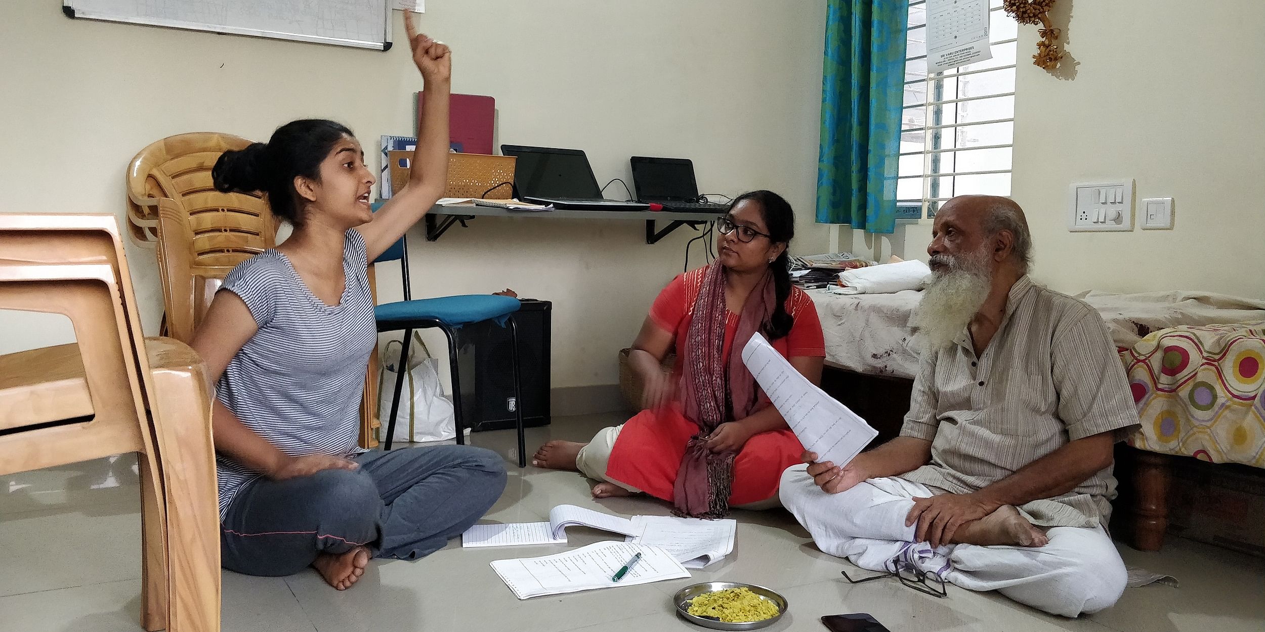 (From left) Lahiri (who plays Greta), Durga Devi and Prasanna Heggodu at rehearsal.