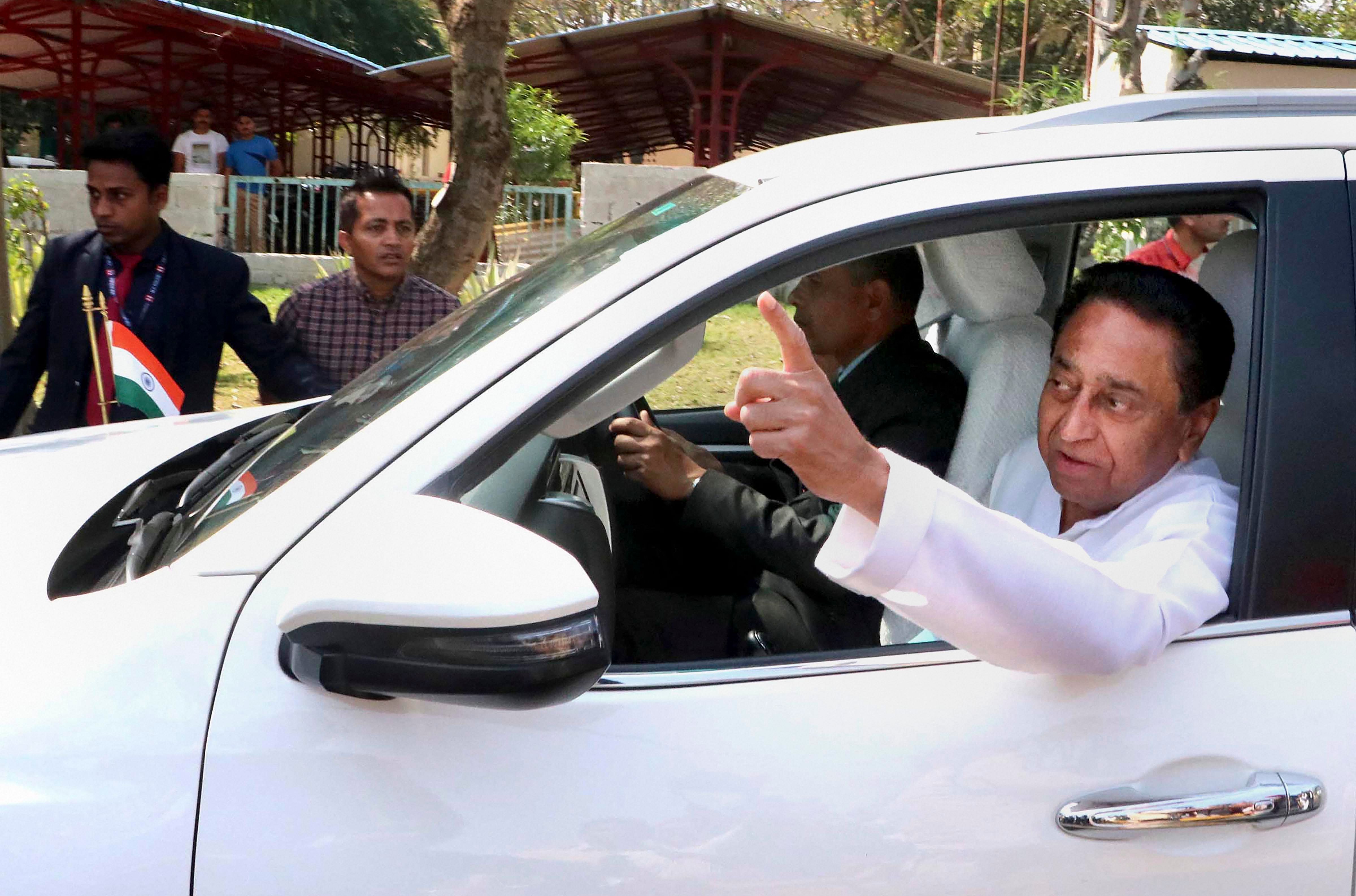 Madhya Pradesh Chief Minister Kamal Nath leaves after a meeting with party MLAs and others, in Bhopal, Wednesday, March 4, 2020. (Credit: PTI)