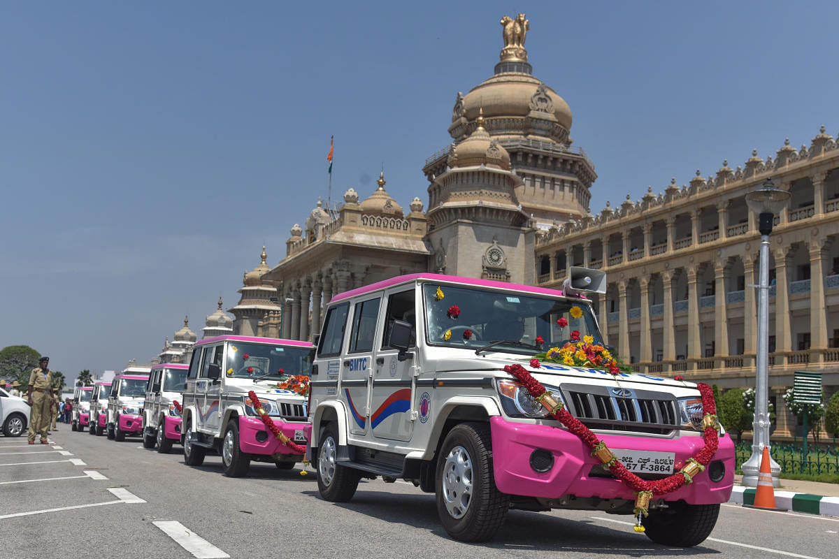 Bengaluru boasts 25 Pink Sarathi vans, bought by the BMTC under a Central scheme named after Nirbhaya.DH Photo by S K Dinesh