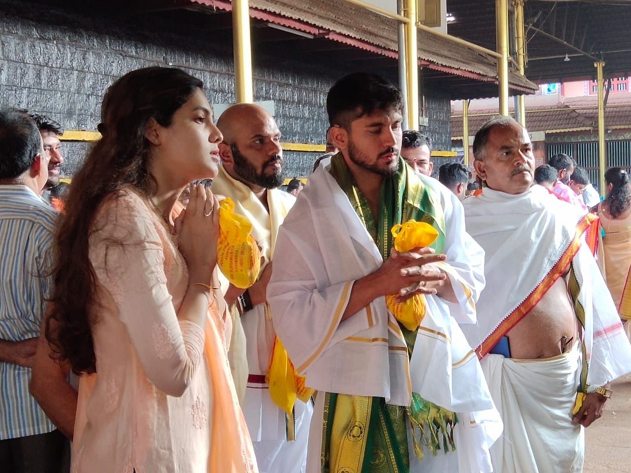 Cricketer Manish Pandey along with his wife actor Ashrita Shetty visited Kukke Subrahmanya Temple in Mangaluru on Saturday. (DH Photo)